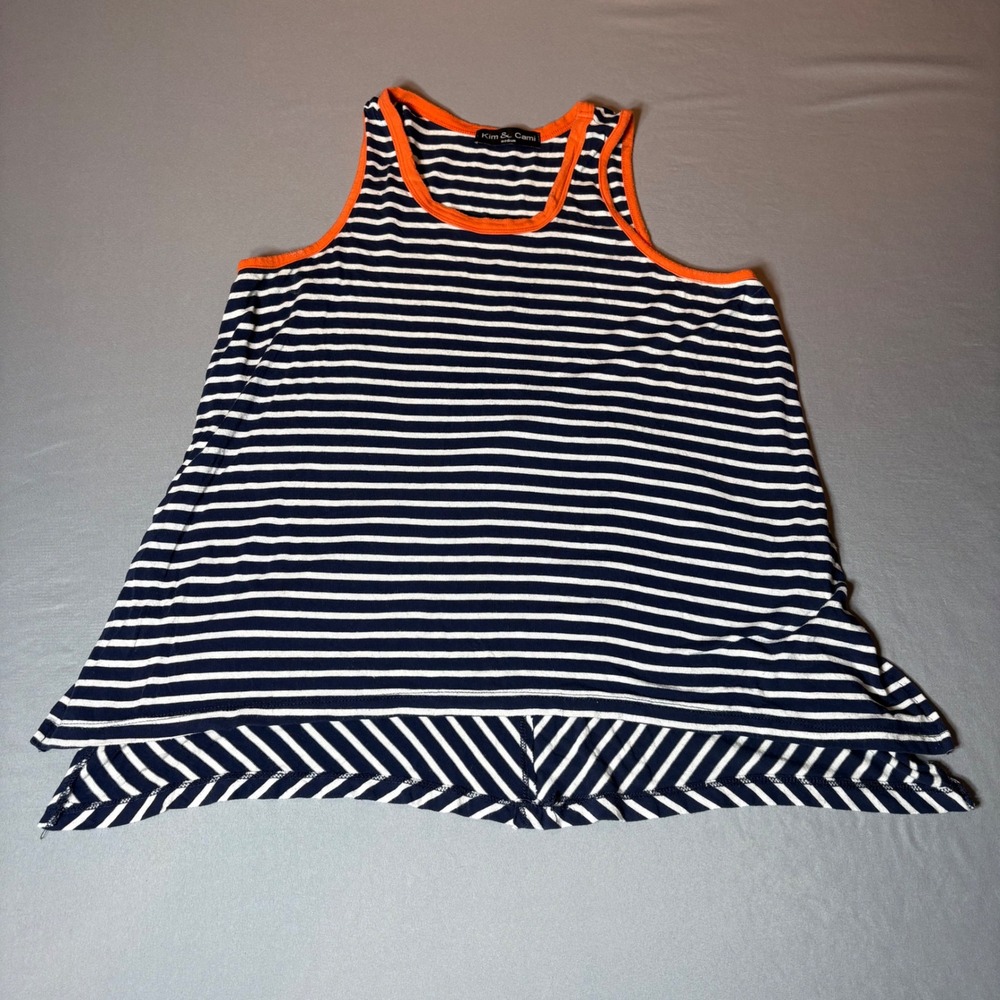 Kim & Cami Womens Medium Navy White Striped Tank Top Orange Trim Chevron Back